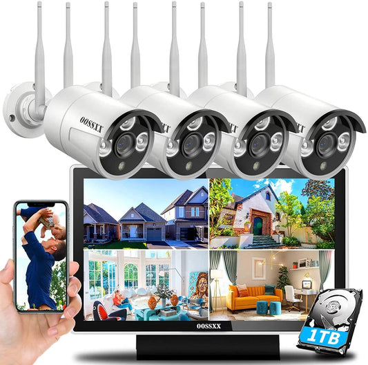 【8CH Expandable·Audio】 All in One Monitor Wireless Security Camera System,Home Surveillance Video Camera Kits with 10" HD Monitor Outdoor/Indoor CCTV WiFi Cameras,1TB HDD, Liquid View