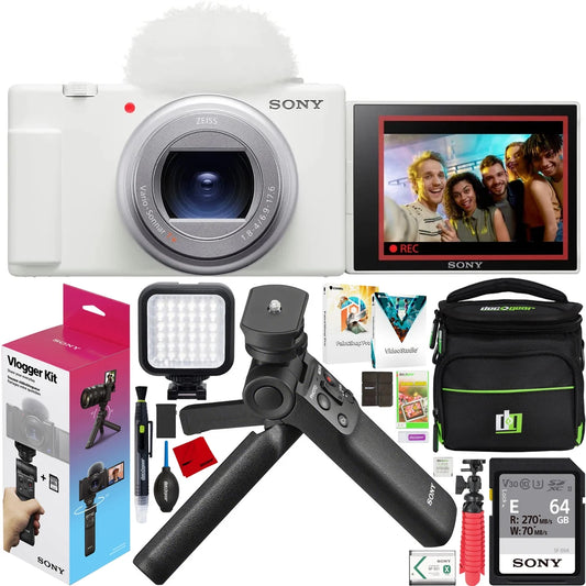 ZV-1 II Vlog Camera with 4K Video & 20.1MP for Content Creators and Vloggers White ZV-1M2/W Bundle with ACCVC1 Kit including GP-VPT2BT Tripod/Grip + Deco Gear Case + LED +64GB Card & Accessories