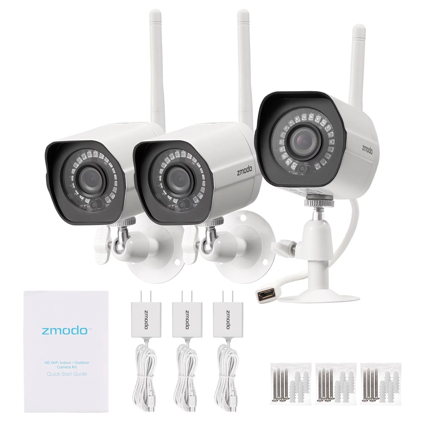 Zmodo Wireless WiFi Security Camera System (3 Pack) Smart Full HD Outdoor IP Cameras with Night Vision - Works with Google Assistant (Supports Only 2.4Ghz WiFi)