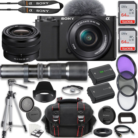 ZV-E1 Mirrorless Camera + FE 28-60mm f/4-5.6 Lens + 500mm f/8 Focus Lenses + 2X 64GB Memory + Case + Tripod & More (25pc Bundle)