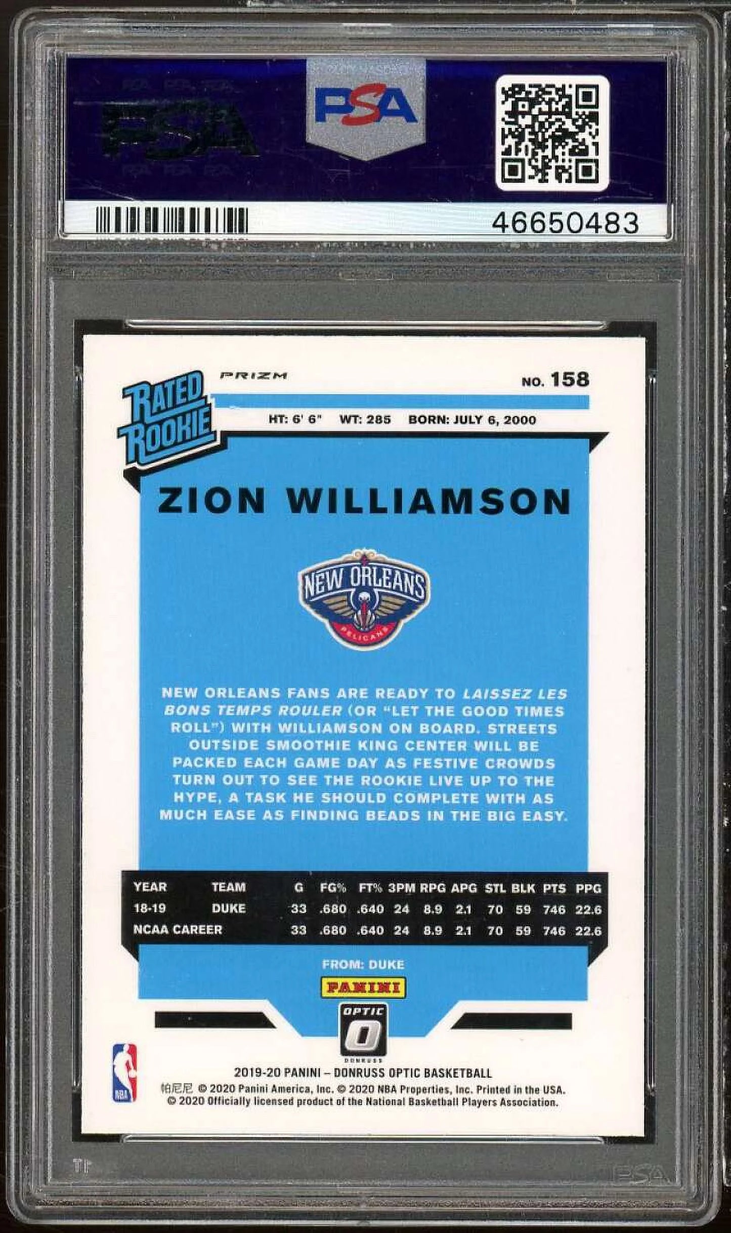 Zion Williamson Rookie Card 2019-20 Panini Donruss Optic Purple #158 PSA 10